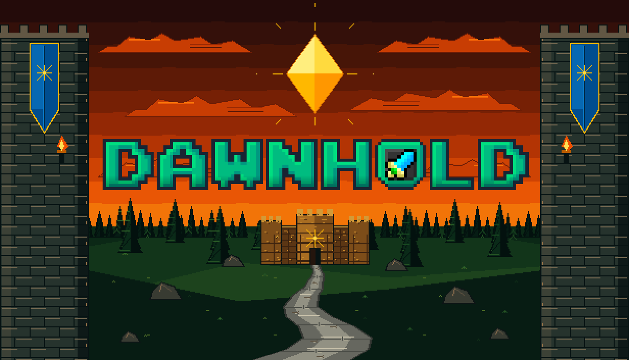 Dawnhold capsule art showing the game logo over a pixel-art battlefield scene.