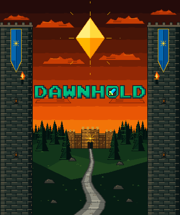 Dawnhold vertical capsule art showing logo and central keep.
